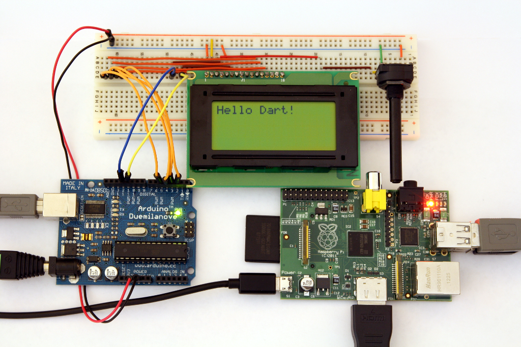 Raspberry Pi talks to Arduino using Dart.